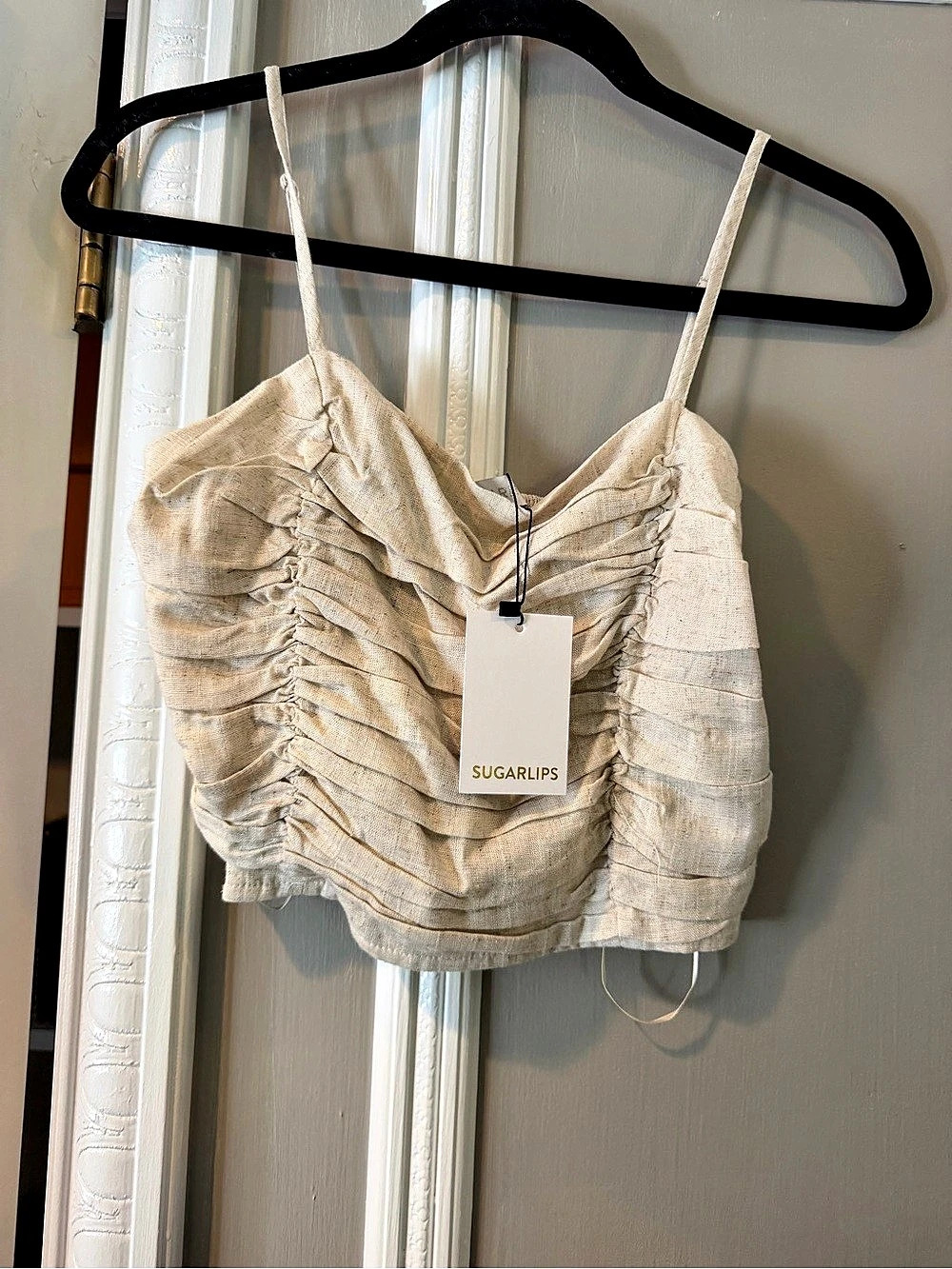 Sugar Lips Ruched Crop Top in Beige NWT